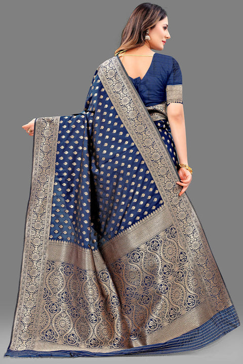 VastraLakshmi Efflorescence Navy Blue Soft Banarasi Silk Saree With Excellent Blouse Piece