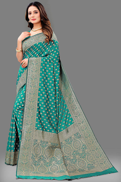 VastraLakshmi Gleaming Sea Green Soft Banarasi Silk Saree With Invaluable Blouse Piece