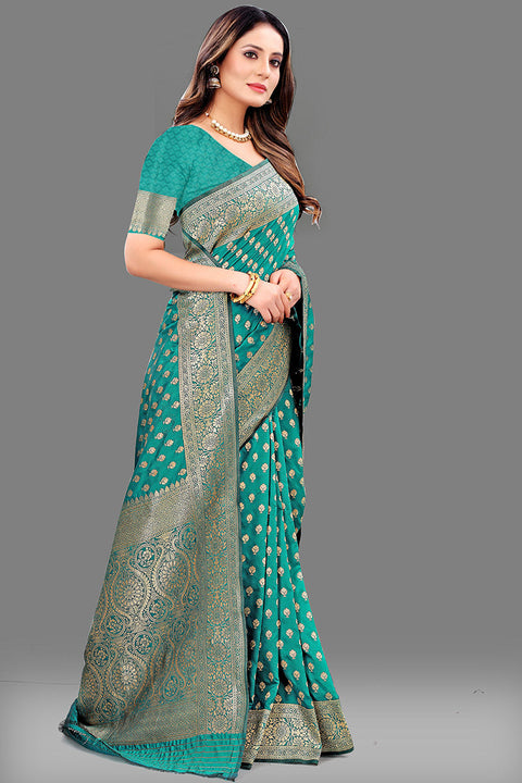 VastraLakshmi Gleaming Sea Green Soft Banarasi Silk Saree With Invaluable Blouse Piece