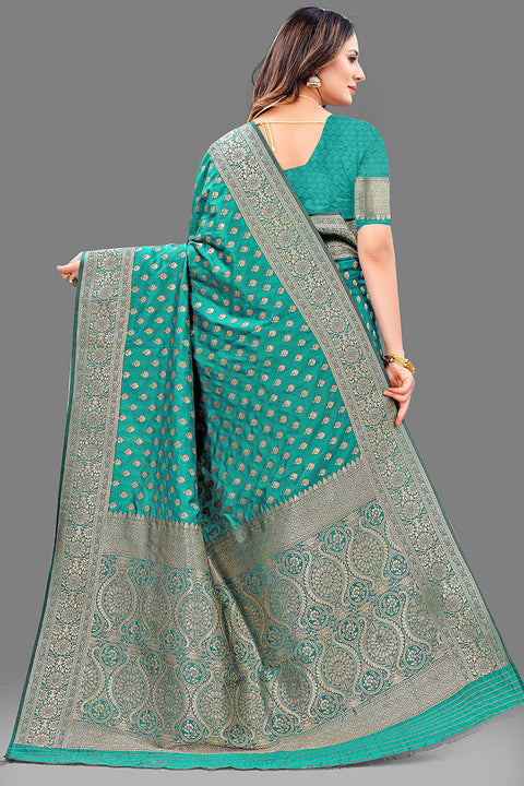 VastraLakshmi Gleaming Sea Green Soft Banarasi Silk Saree With Invaluable Blouse Piece