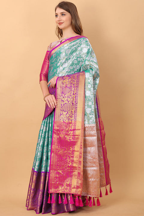 VastraLakshmi Vestigial Firozi Kanjivaram Silk Saree With Lassitude Blouse Piece