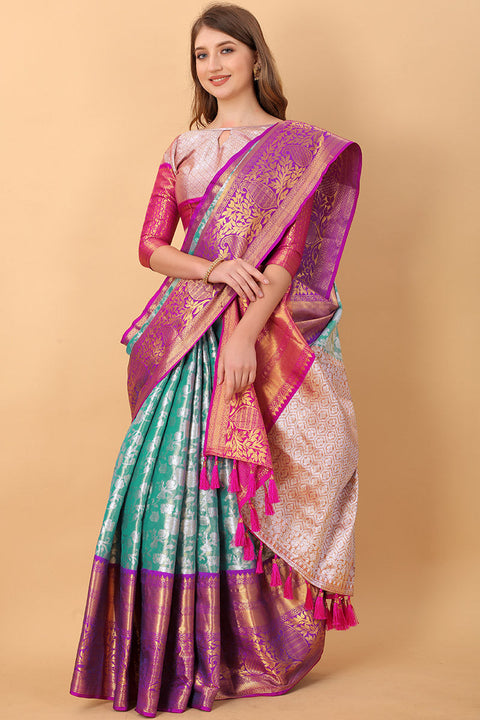 VastraLakshmi Vestigial Firozi Kanjivaram Silk Saree With Lassitude Blouse Piece