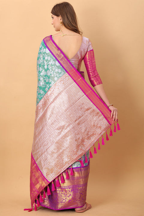 VastraLakshmi Vestigial Firozi Kanjivaram Silk Saree With Lassitude Blouse Piece