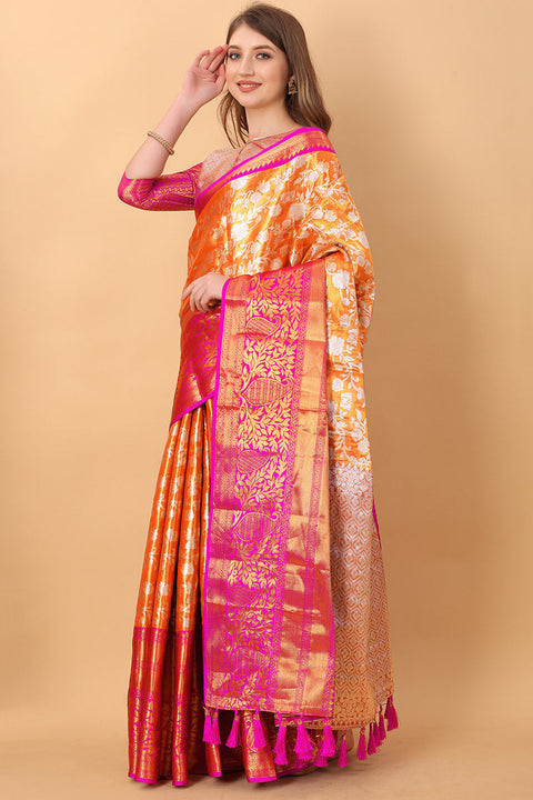 VastraLakshmi Effervescent Orange Kanjivaram Silk Saree With Redolent Blouse Piece