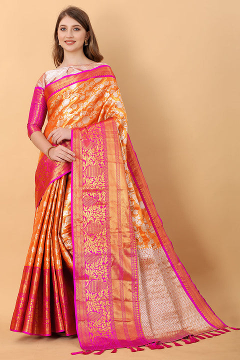 VastraLakshmi Effervescent Orange Kanjivaram Silk Saree With Redolent Blouse Piece