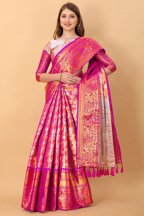 VastraLakshmi Pleasurable Pink Kanjivaram Silk Saree With Luxuriant Blouse Piece