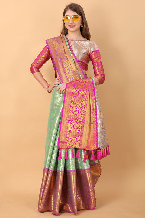 VastraLakshmi Unequalled Pista Kanjivaram Silk Saree With Scintillating Blouse Piece