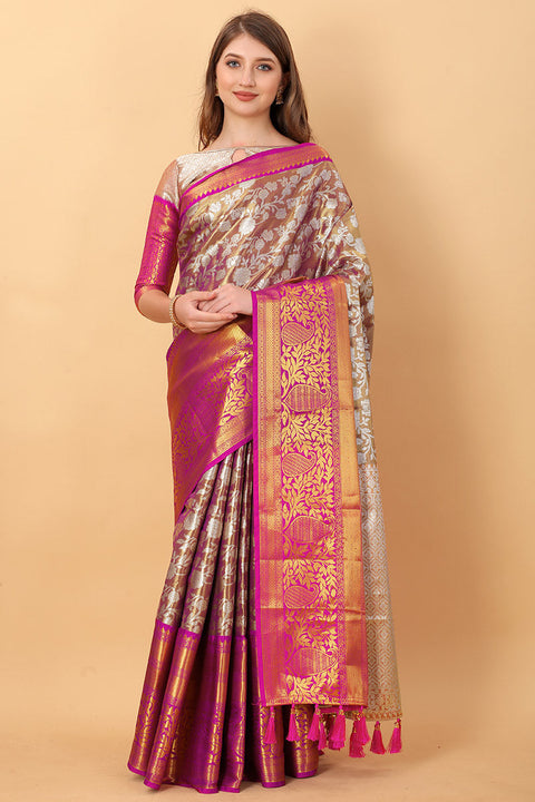 VastraLakshmi Zephyr Wine Kanjivaram Silk Saree With Ethereal Blouse Piece