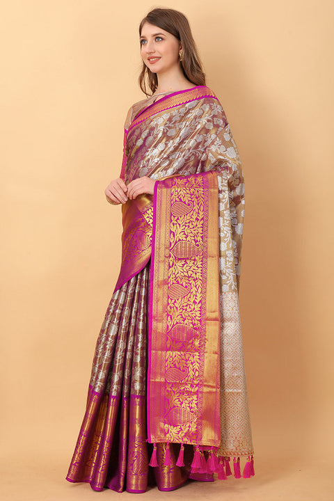 VastraLakshmi Zephyr Wine Kanjivaram Silk Saree With Ethereal Blouse Piece