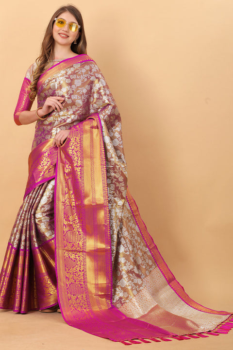 VastraLakshmi Zephyr Wine Kanjivaram Silk Saree With Ethereal Blouse Piece