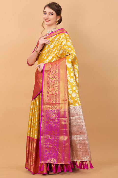 VastraLakshmi Grandiose Yellow Kanjivaram Silk Saree With Rhapsodic Blouse Piece