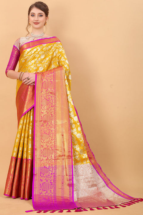 VastraLakshmi Grandiose Yellow Kanjivaram Silk Saree With Rhapsodic Blouse Piece