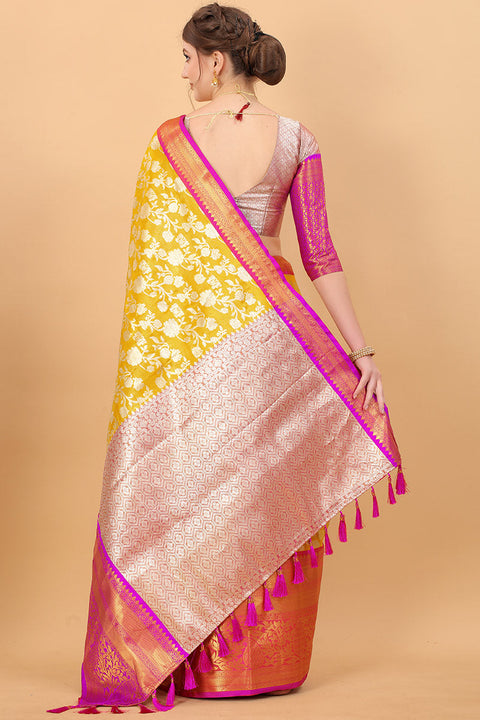 VastraLakshmi Grandiose Yellow Kanjivaram Silk Saree With Rhapsodic Blouse Piece