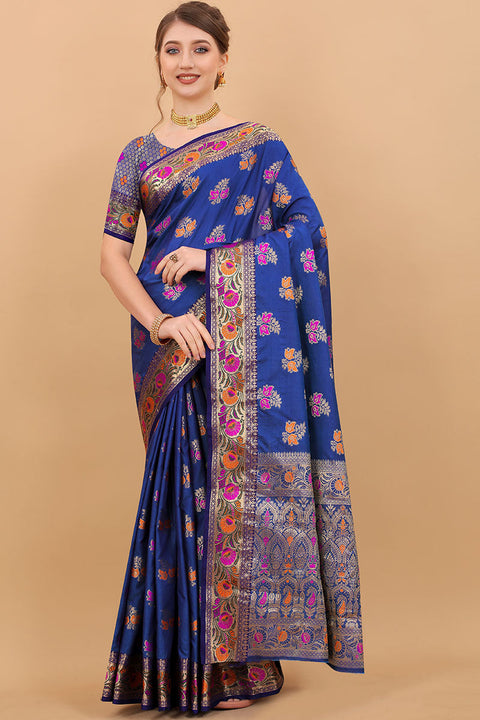 VastraLakshmi Classy Navy Blue Soft Banarasi Silk Saree With Pretty Blouse Piece