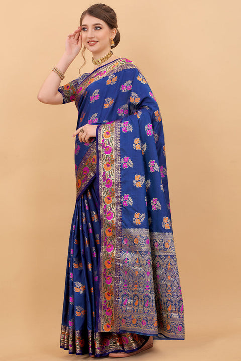 VastraLakshmi Classy Navy Blue Soft Banarasi Silk Saree With Pretty Blouse Piece