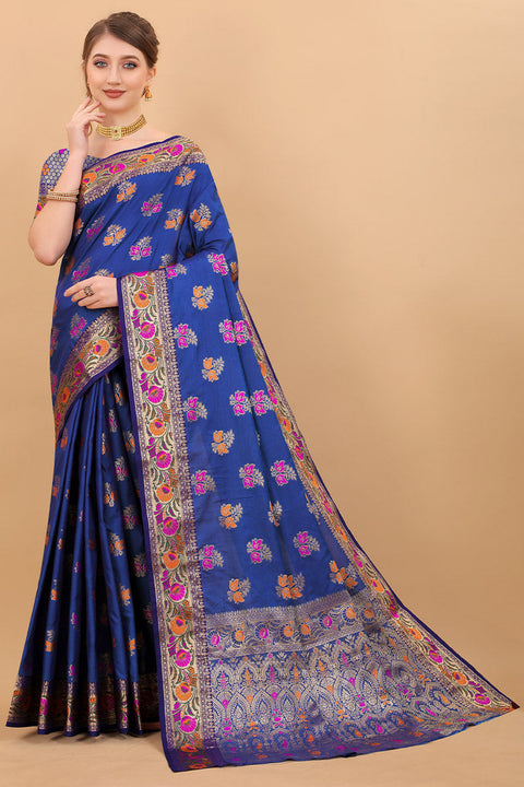 VastraLakshmi Classy Navy Blue Soft Banarasi Silk Saree With Pretty Blouse Piece