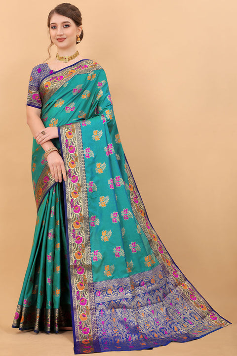 VastraLakshmi Fancifull Rama Soft Banarasi Silk Saree With Angelic Blouse Piece