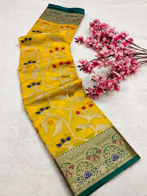 VastraLakshmi Classy Yellow Organza Silk Saree With Comely Blouse Piece