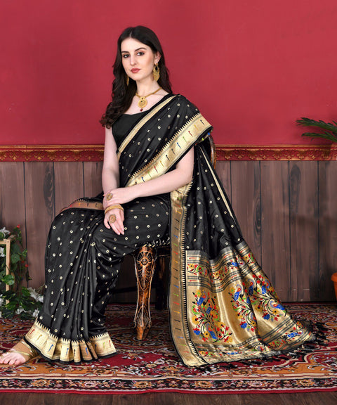 VastraLakshmi Capricious Black Paithani Silk Saree With Ethnic Blouse Piece