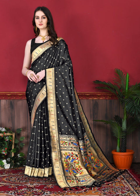 VastraLakshmi Capricious Black Paithani Silk Saree With Ethnic Blouse Piece