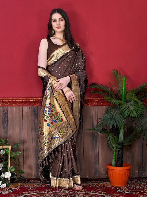 VastraLakshmi Phenomenal Brown Paithani Silk Saree With Ethnic Blouse Piece