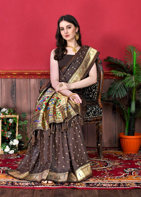 VastraLakshmi Phenomenal Brown Paithani Silk Saree With Ethnic Blouse Piece