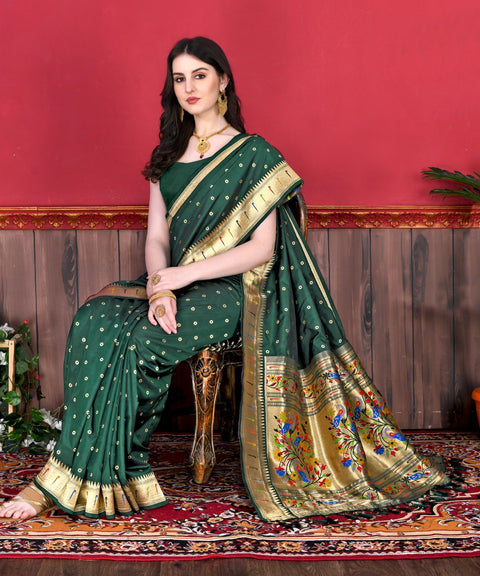 VastraLakshmi Outstanding Dark Green Paithani Silk Saree With Ethnic Blouse Piece