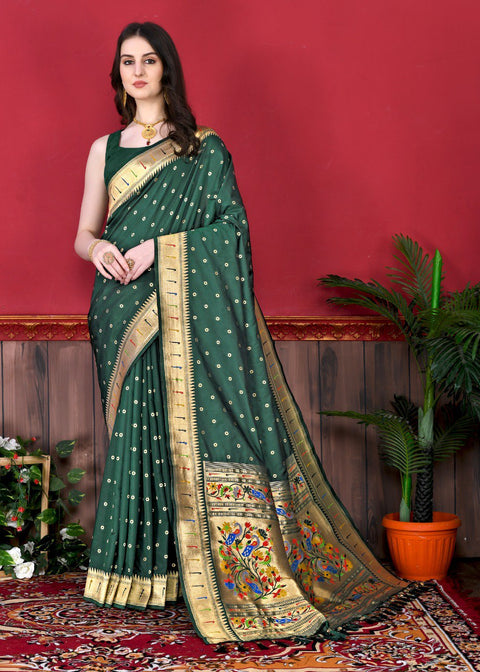 VastraLakshmi Outstanding Dark Green Paithani Silk Saree With Ethnic Blouse Piece