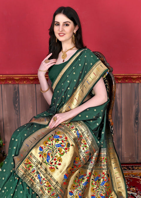 VastraLakshmi Outstanding Dark Green Paithani Silk Saree With Ethnic Blouse Piece