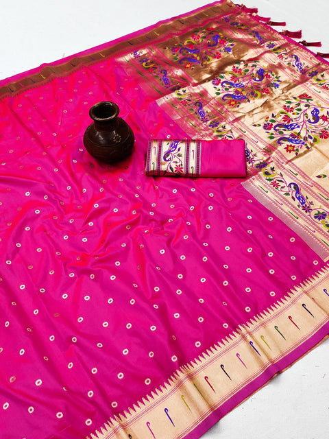 VastraLakshmi Invaluable Dark Pink Paithani Silk Saree With Ethnic Blouse Piece