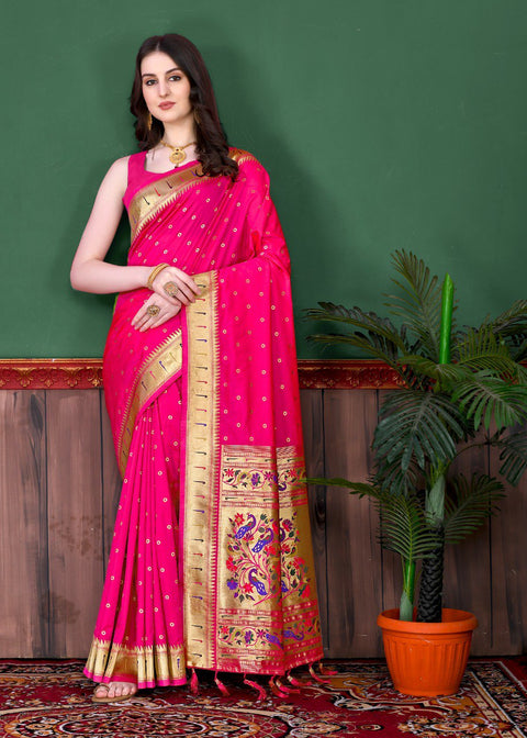 VastraLakshmi Invaluable Dark Pink Paithani Silk Saree With Ethnic Blouse Piece