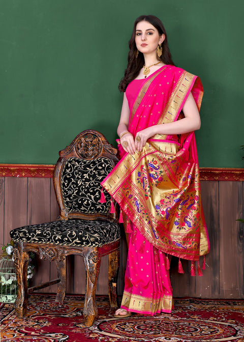 VastraLakshmi Invaluable Dark Pink Paithani Silk Saree With Ethnic Blouse Piece