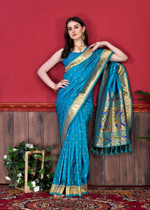 VastraLakshmi Staring Firozi Paithani Silk Saree With Ethnic Blouse Piece