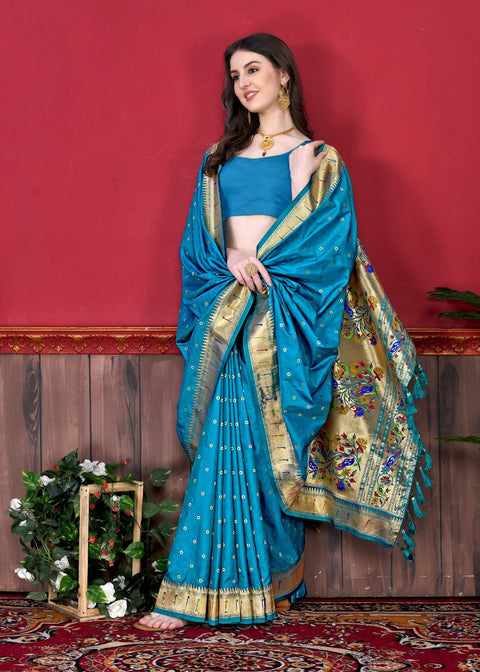 VastraLakshmi Staring Firozi Paithani Silk Saree With Ethnic Blouse Piece