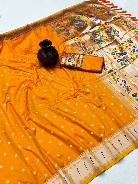 VastraLakshmi Charming Orange Paithani Silk Saree With Ethnic Blouse Piece