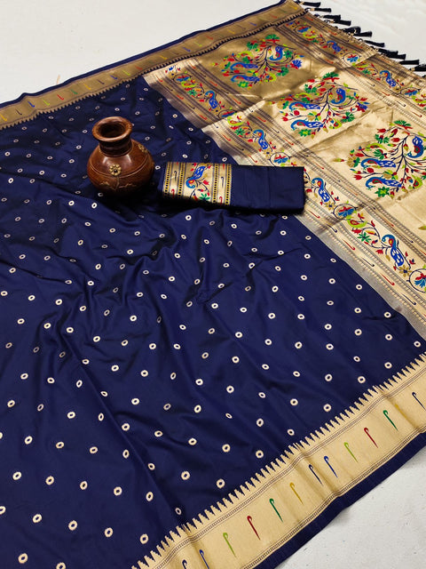 VastraLakshmi Deserving Navy Blue Paithani Silk Saree With Ethnic Blouse Piece