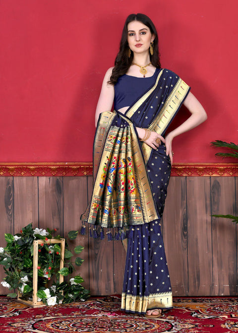 VastraLakshmi Deserving Navy Blue Paithani Silk Saree With Ethnic Blouse Piece