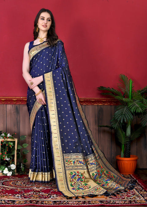 VastraLakshmi Deserving Navy Blue Paithani Silk Saree With Ethnic Blouse Piece