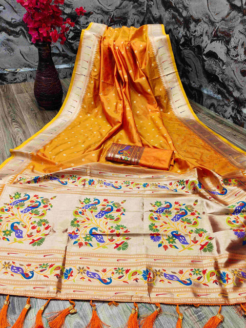 VastraLakshmi Charming Orange Paithani Silk Saree With Ethnic Blouse Piece