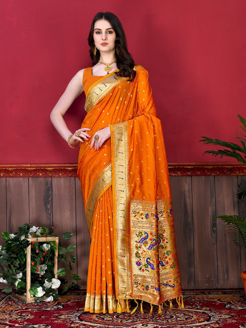 VastraLakshmi Charming Orange Paithani Silk Saree With Ethnic Blouse Piece