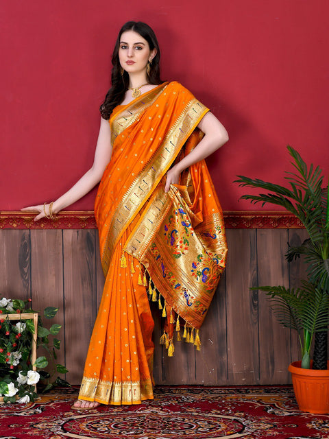 VastraLakshmi Charming Orange Paithani Silk Saree With Ethnic Blouse Piece