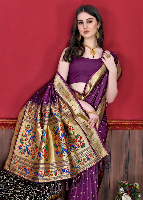 VastraLakshmi Glowing Purple Paithani Silk Saree With Ethnic Blouse Piece