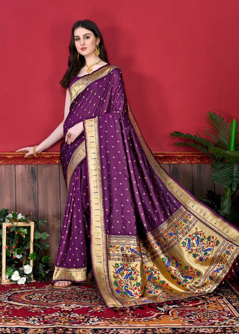 VastraLakshmi Glowing Purple Paithani Silk Saree With Ethnic Blouse Piece