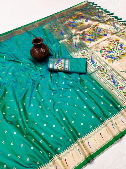 VastraLakshmi Eye-catching Rama Paithani Silk Saree With Ethnic Blouse Piece