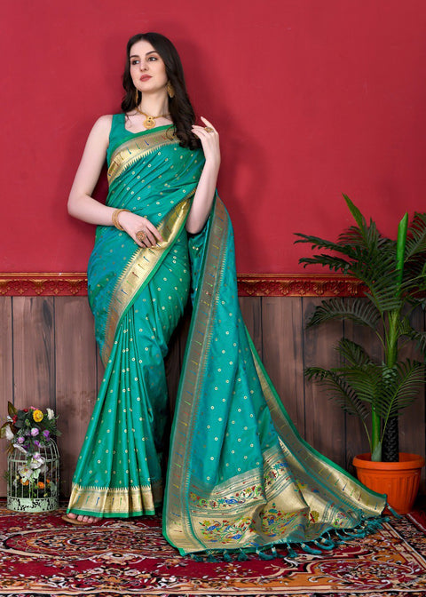 VastraLakshmi Eye-catching Rama Paithani Silk Saree With Ethnic Blouse Piece