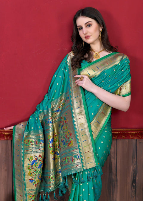 VastraLakshmi Eye-catching Rama Paithani Silk Saree With Ethnic Blouse Piece