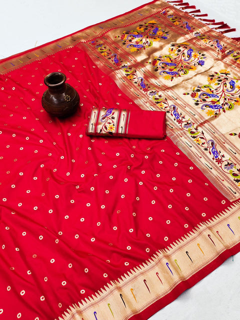 VastraLakshmi Beautiful Red Paithani Silk Saree With Ethnic Blouse Piece