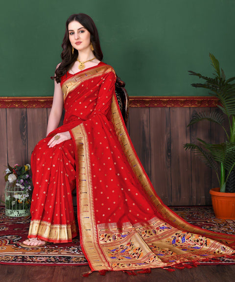 VastraLakshmi Beautiful Red Paithani Silk Saree With Ethnic Blouse Piece