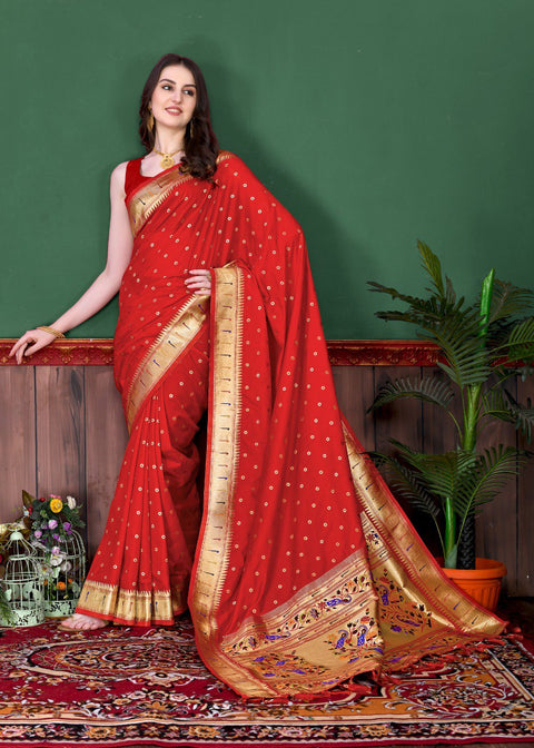 VastraLakshmi Beautiful Red Paithani Silk Saree With Ethnic Blouse Piece