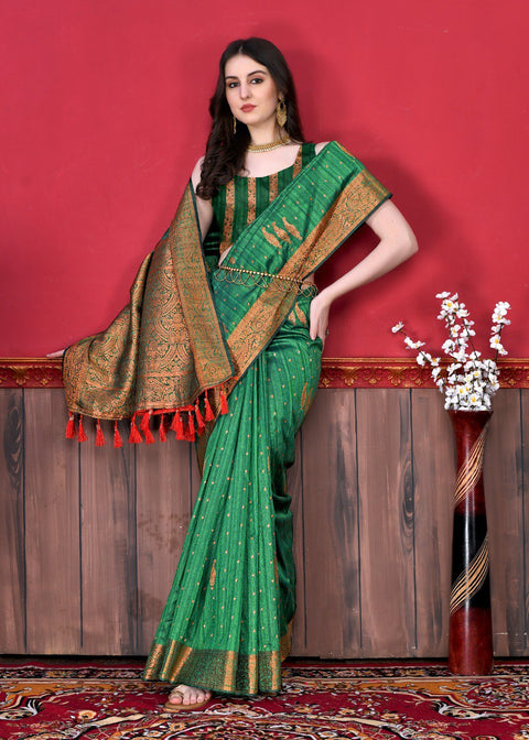 VastraLakshmi Ethnic Green Soft Banarasi Silk Saree With Incomparable Blouse Piece